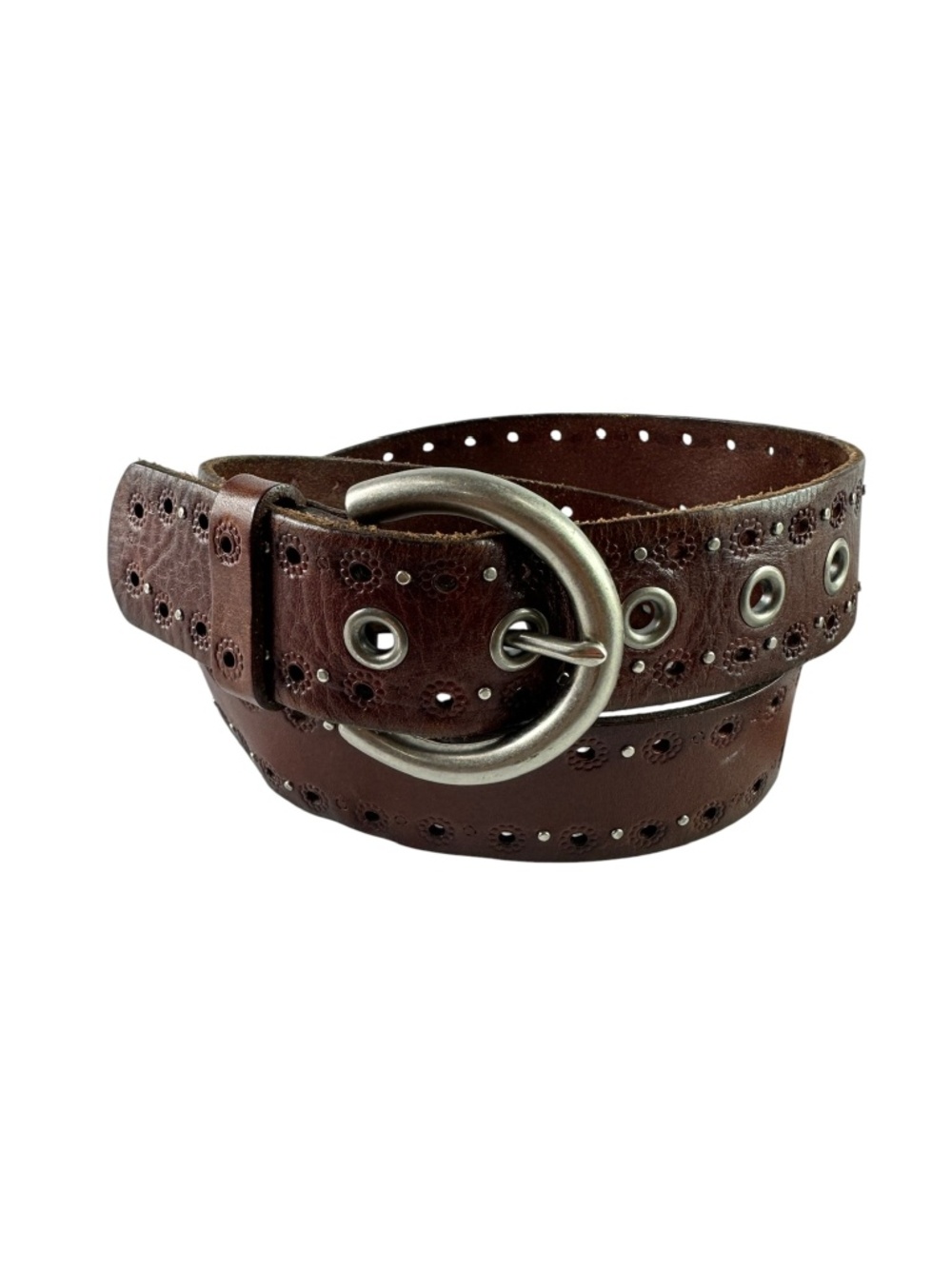 Vintage FOSSIL Brown Leather Studded Grommet Belt Silver Western Unisex M 34
